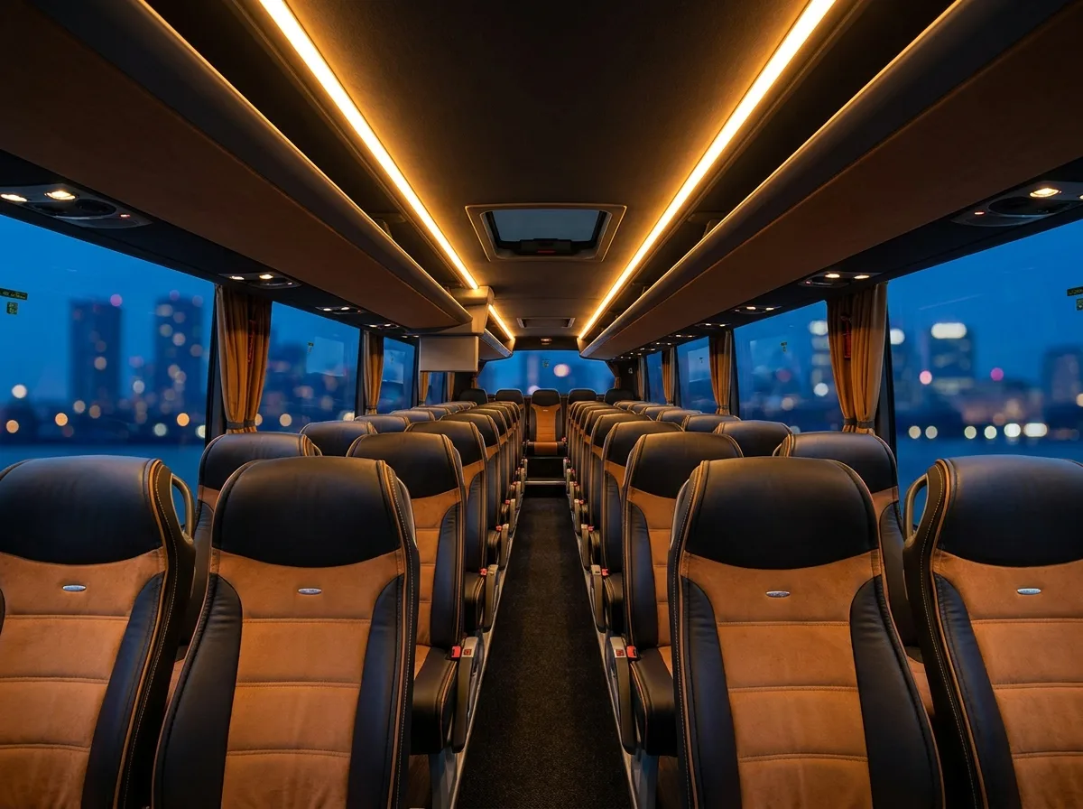 Intérieur d'un autocar Capitale Cars de nuit : sièges en cuir noir et cognac, rampes LED ambrées, allée centrale